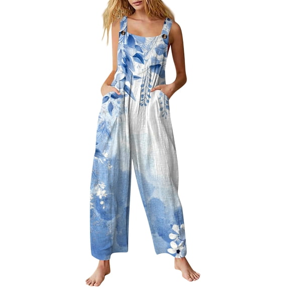 JULMCOMO Cotton Linen Jumpsuits for Women Wide Leg Floral Print Loose Fit Overalls Sleeveless Casual Summer Jumpsuit with Pockets Sky Blue M