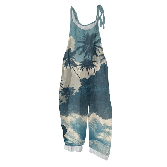 JULMCOMO Cotton Linen Plus Size Jumpsuits for Women Spaghetti Strap Hawaiian Floral Print Summer Outfits Sleeveless Casual Rompers Light Blue L