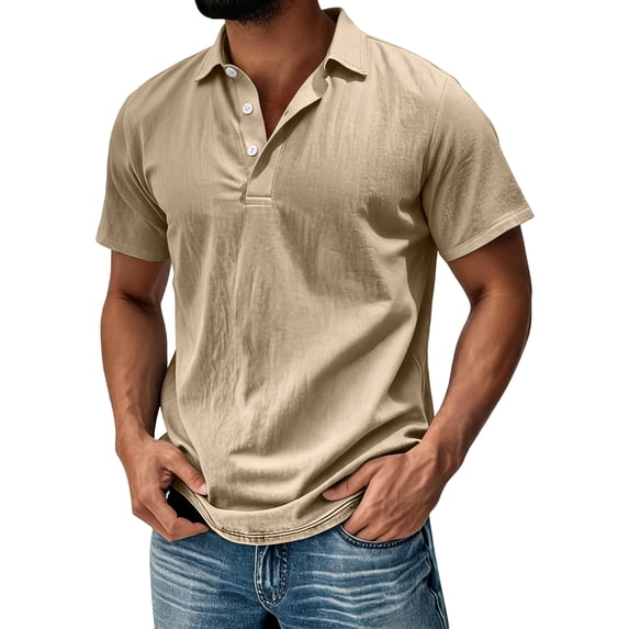 JULMCOMO Cotton Linen Polo Shirts for Men Collared 3 Buttons Short Sleeve Casual Breathable Golf Shirts Summer Classic Tees Khaki 2XL