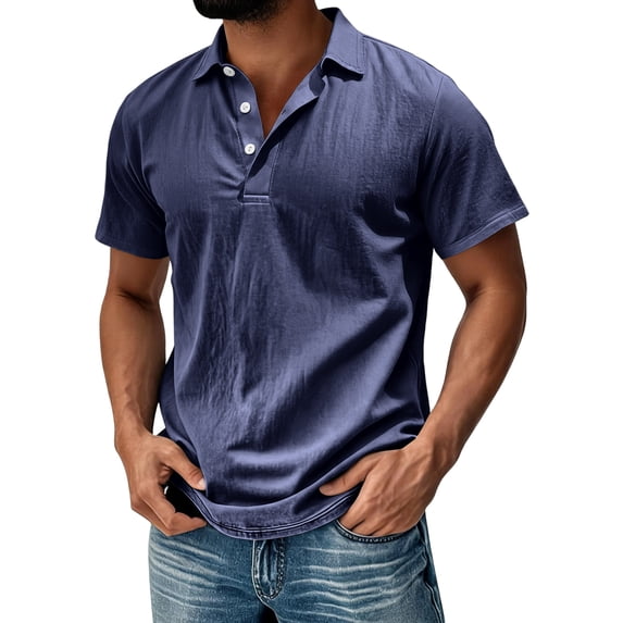 JULMCOMO Cotton Linen Polo Shirts for Men Collared 3 Buttons Short Sleeve Casual Breathable Golf Shirts Summer Classic Tees Navy 2XL