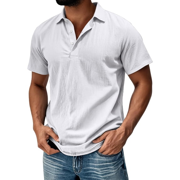 JULMCOMO Cotton Linen Polo Shirts for Men Collared 3 Buttons Short Sleeve Casual Breathable Golf Shirts Summer Classic Tees White L