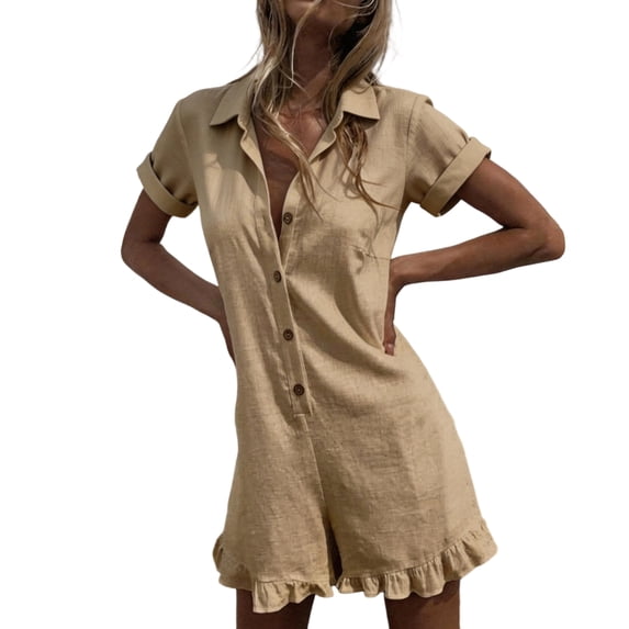 JULMCOMO Cotton Linen Rompers for Women Short Sleeve Button Down Loose Fit Overall Shorts Collared Ruffle Hem Casual Beach Summer Rompers Khaki 2XL