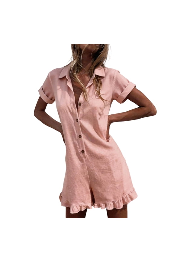 Cotton Linen Rompers for Women Short Sleeve Button Down Loose Fit Overall Shorts Collared Ruffle Hem Casual Beach Summer Rompers Pink S