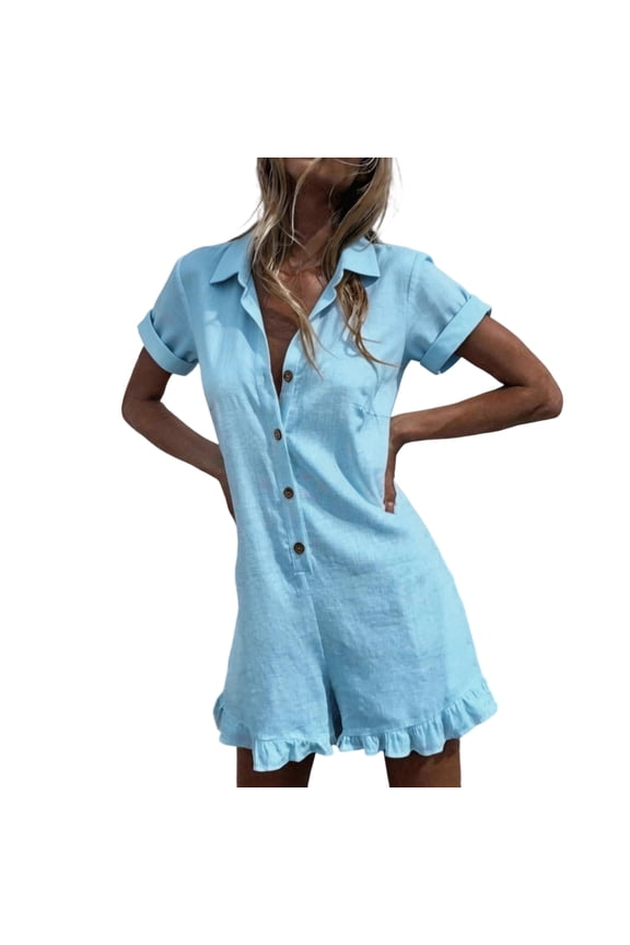 Cotton Linen Rompers for Women Short Sleeve Button Down Loose Fit Overall Shorts Collared Ruffle Hem Casual Beach Summer Rompers Sky Blue S