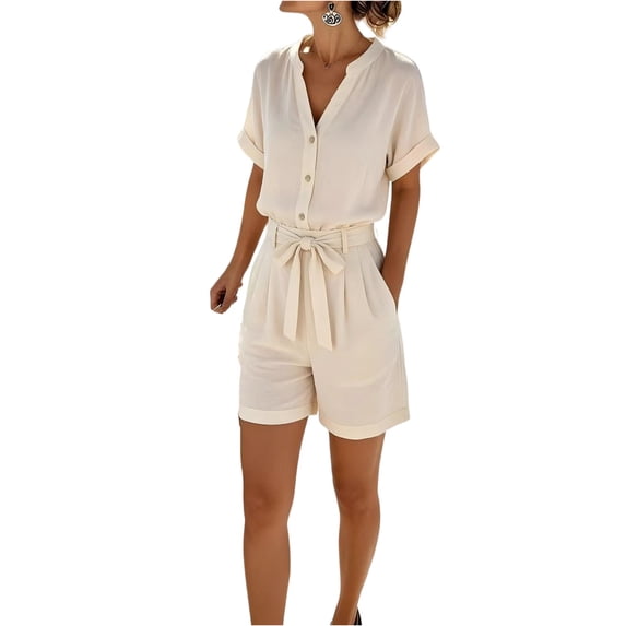 JULMCOMO Cotton Linen Rompers for Women V Neck Button Down Loose Fit Casual Jumpsuits Short Sleeve Tie Waisted Summer Overalls with Pockets Beige XL