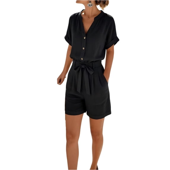 JULMCOMO Cotton Linen Rompers for Women V Neck Button Down Loose Fit Casual Jumpsuits Short Sleeve Tie Waisted Summer Overalls with Pockets Black XL
