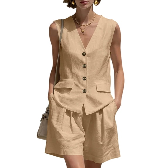 JULMCOMO Cotton Linen Sets for Women 2 Piece Button Down Deep V Neck Summer Tank Tops Wide Leg Trendy Shorts Matching Sets with Pockets Khaki M