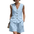 thumbnail image 1 of JULMCOMO Cotton Linen Sets for Women 2 Piece Button Down Deep V Neck Summer Tank Tops Wide Leg Trendy Shorts Matching Sets with Pockets Light Blue M, 1 of 5