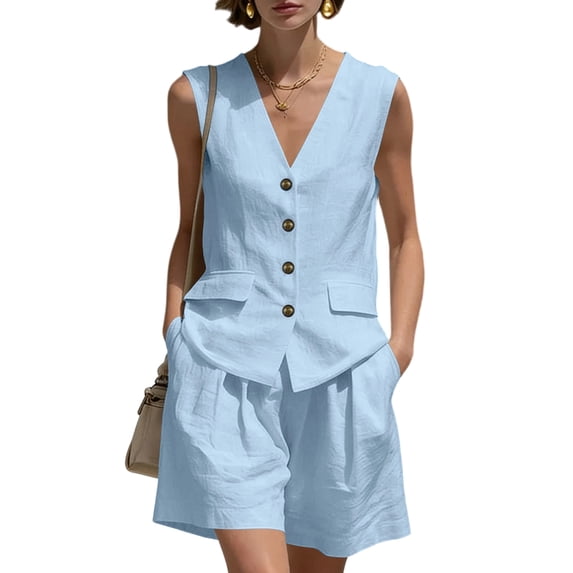 JULMCOMO Cotton Linen Sets for Women 2 Piece Button Down Deep V Neck Summer Tank Tops Wide Leg Trendy Shorts Matching Sets with Pockets Light Blue M