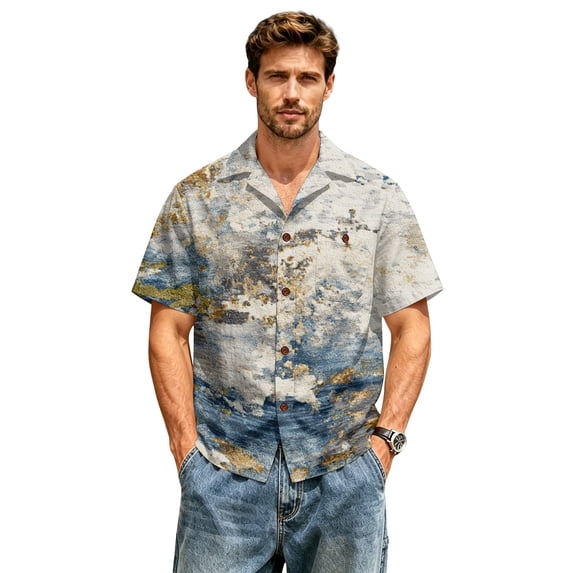 JULMCOMO Cotton Linen Shirts for Men Abstract Printed Collared Short Sleeve Casual Button Down Shirt Vacation Summer Tees with Chest Pocket Gray 3XL