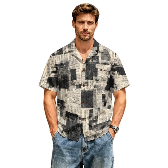 JULMCOMO Cotton Linen Shirts for Men Abstract Printed Collared Short Sleeve Casual Button Down Shirt Vacation Summer Tees with Chest Pocket Khaki 4XL