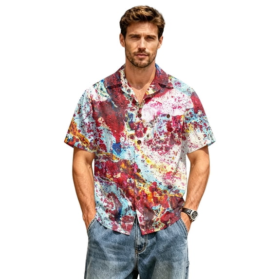 JULMCOMO Cotton Linen Shirts for Men Abstract Printed Collared Short Sleeve Casual Button Down Shirt Vacation Summer Tees with Chest Pocket Red S