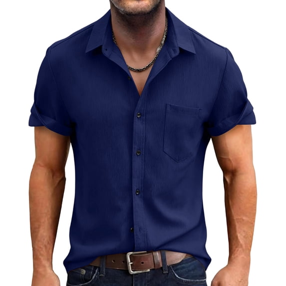 JULMCOMO Cotton Linen Shirts for Men Collared Roll Cuff Short Sleeve Breathable Lightweight Casual Summer Button Down Shirt Navy M