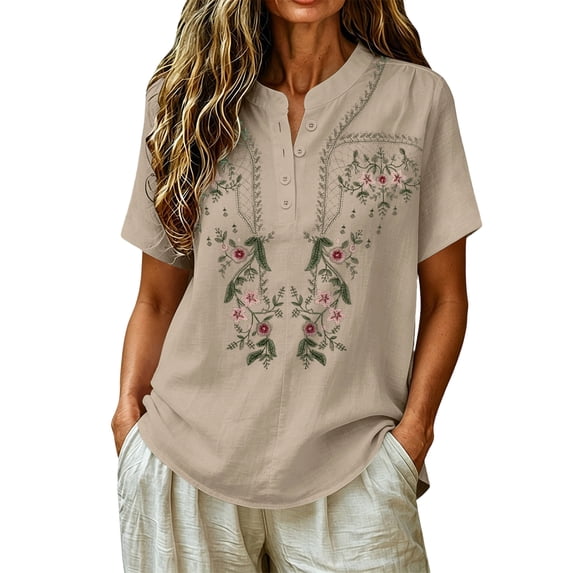 JULMCOMO Cotton Linen Shirts for Women Floral Embroidery Henley Short Sleeve Loose Vintage Blouses Comfy Casual Shirts Beige 3XL