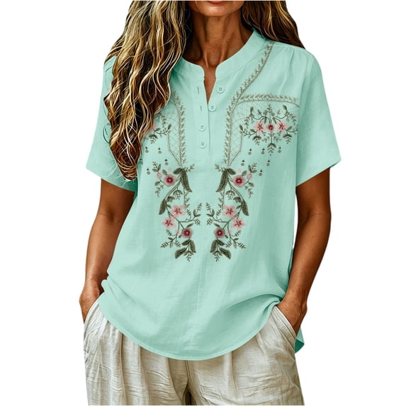JULMCOMO Cotton Linen Shirts for Women Floral Embroidery Henley Short Sleeve Loose Vintage Blouses Comfy Casual Shirts Fluorescent Green 3XL