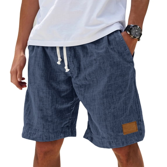 JULMCOMO Cotton Linen Shorts for Men Drawstring Knee Length Elastic Waist Casual Loose Fit Lounge Daily Summer Shorts with Pockets Dark Blue XL