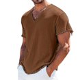 thumbnail image 1 of JULMCOMO Cotton Linen T Shirts for Men V Neck Short Sleeve Fringe Raw Hem Comfy Summer Shirt Casual Classic Tees Coffee 3XL, 1 of 5