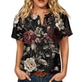 thumbnail image 1 of JULMCOMO Cotton Linen T Shirts for Women Floral Print Short Sleeve Casual Henley Shirts Baggy Comfy Summer Tops with Chest Pocket Black 3XL, 1 of 9