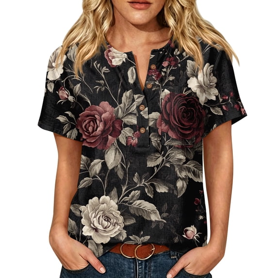 JULMCOMO Cotton Linen T Shirts for Women Floral Print Short Sleeve Casual Henley Shirts Baggy Comfy Summer Tops with Chest Pocket Black 3XL