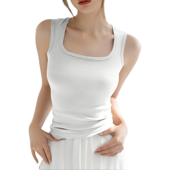 JULMCOMO Cotton Tank Tops for Women Square Neck Slim Fit Comfy Casual Tank Tops Sleeveless Summer Basic Shirts White L