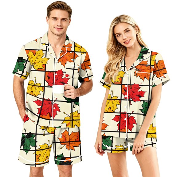 JULMCOMO Couples Matching Pajama Sets Fall Maple Leaf Print Button Down Casual 2 Piece Sets Color Block Plaid Soft Comfy Pajamas Ginger-Men 2XL