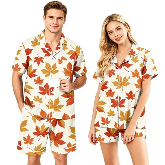 JULMCOMO Couples Matching Pajamas Full Maple Leaf Print Soft Lounge Two Piece Sets Autumn Print Elastic Waist Comfy Fall Festival Shorts Beige-Men 3XL