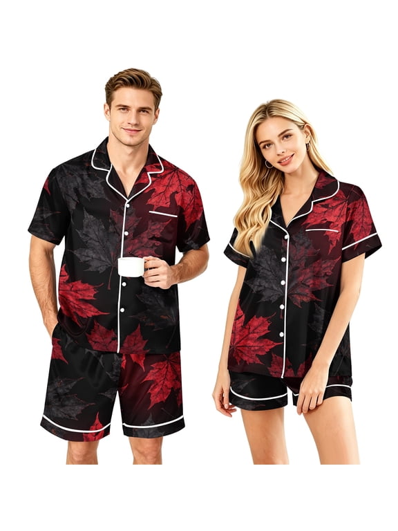 Couples Matching Pajamas Full Maple Leaf Print Soft Lounge Two Piece Sets Autumn Print Elastic Waist Comfy Fall Festival Shorts Red-Men XL