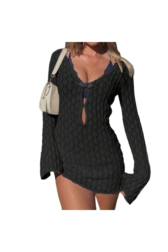 Crochet Beach Cover Ups for Women Knit Long Sleeve V Neck Keyhole Summer Bikini Cover Ups for Swimwear Vacation Outfits Black L