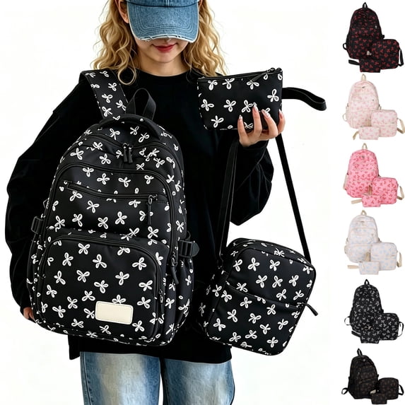 JULMCOMO Cute Bow Print Backpack 3Pcs Set Nylon Lightweight Kawaii School Backpack Matching Casual Crossbody Purse and Pencil Case Black
