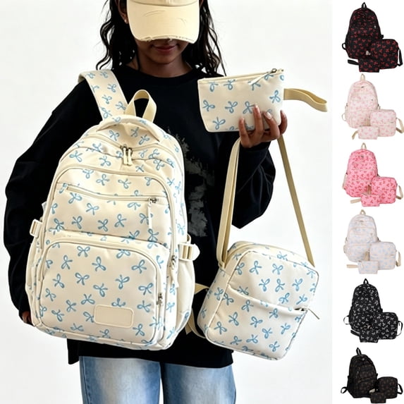 JULMCOMO Cute Bow Print Backpack 3Pcs Set Nylon Lightweight Kawaii School Backpack Matching Casual Crossbody Purse and Pencil Case Blue