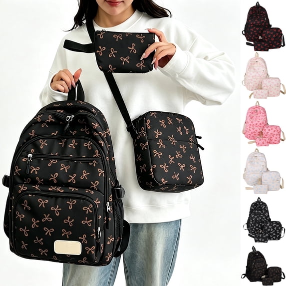 JULMCOMO Cute Bow Print Backpack 3Pcs Set Nylon Lightweight Kawaii School Backpack Matching Casual Crossbody Purse and Pencil Case Brown