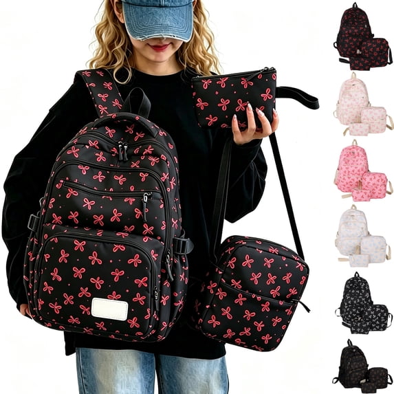 JULMCOMO Cute Bow Print Backpack 3Pcs Set Nylon Lightweight Kawaii School Backpack Matching Casual Crossbody Purse and Pencil Case Red