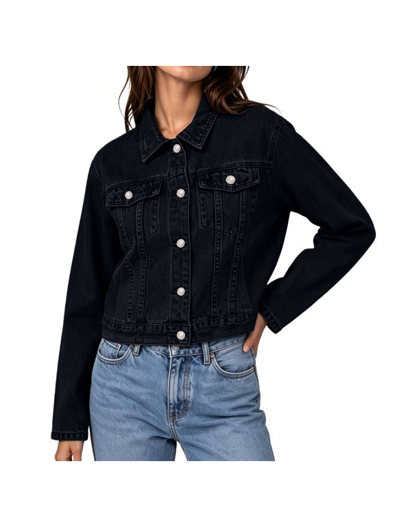 Denim Jacket for Women Button Down Collared Slim Fit Casual Jean Coat Comfy Vacation Chambray Jacket Daily Fall Outfits Black S