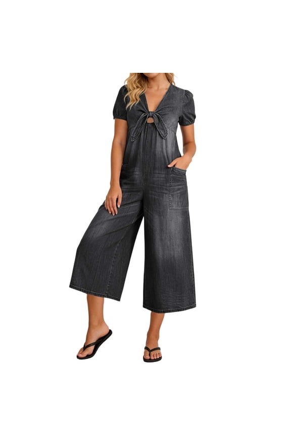 Denim Jumpsuits for Women Deep V Neck Short Sleeve Baggy Jeans Bow Tie Summer Wide Leg Capri Jumpsuit with Pockets Black XL