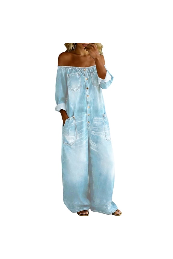 Denim Look Jumpsuits for Women Off Shoulder Button Front Casual Baggy Bib Overalls Wide Straight Leg Jeans with Pockets Light Blue S