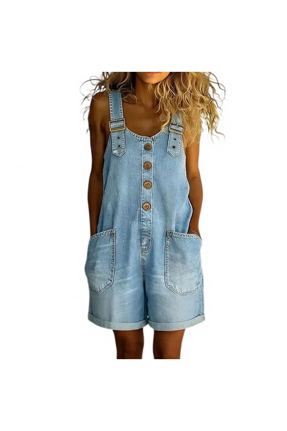 Denim Rompers for Women Scoop Neck Button Down Baggy Overalls Adjustable Strap Sleeveless Wide Leg Casual Rompers with Pockets Light Blue M