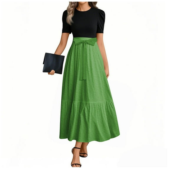 JULMCOMO Dresses for Women 2025 Casual Trendy Short Sleeve Teacher Dress Maxi Dresses Floral Print Empire Waist Bodycon Dress Elegant Funeral Outfit Green M