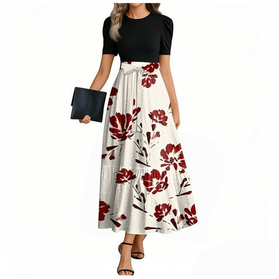 JULMCOMO Dresses for Women 2025 Short Sleeve Teacher Dress Floral Print Work Maxi Dresses Tie Waist Long Trendy a Line Dresses Formal Funeral Outfit Red L