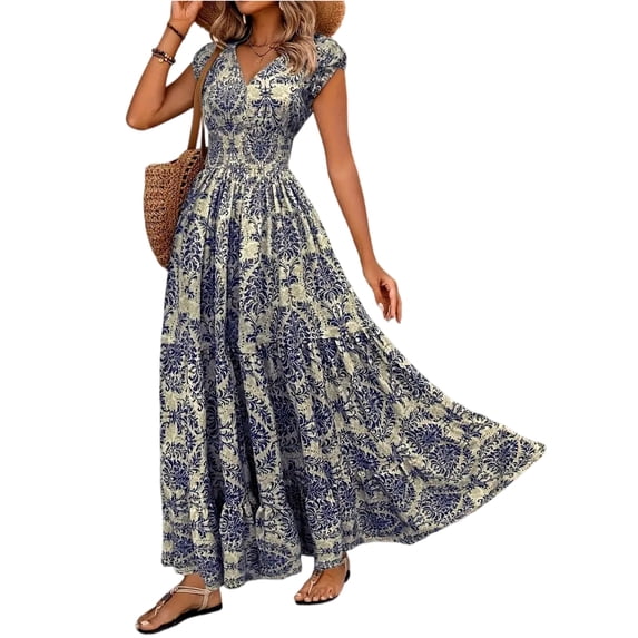 JULMCOMO Dresses for Women Boho Floral Print V Neck Cap Sleeve Smocked Waist Elegant Flowy Maxi Dresses Retro Casual Sundresses Blue S