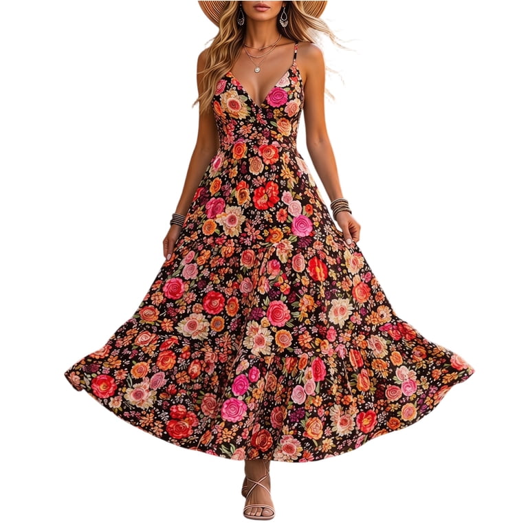 JULMCOMO Dresses for Women Floral Print Deep V Neck Spaghetti Strap Summer Flowy Maxi Dresses Open Back Casual Vacation Sundresses Black L