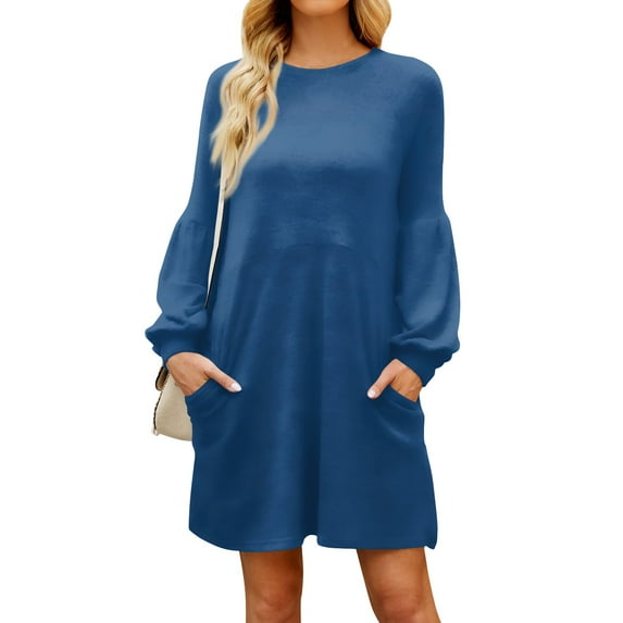 JULMCOMO Dresses for Women Long Sleeve Crew Neck Petite Dress Cute Fall Winter Basic color Elegant Party Dresses with Pocket