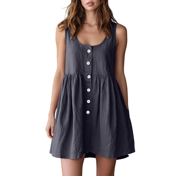 JULMCOMO Dresses for Women Scoop Neck Sleeveless Button Down Casual Mini Dresses Loose Fit Summer Sundresses with Pockets Black S