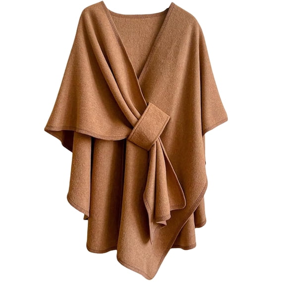 JULMCOMO Fleece Drape Shawl Wraps for Women Cross Front Tie Wrap Poncho Open Front Elegant Soft Warm Cape Cardigan for Fall Winter Brown