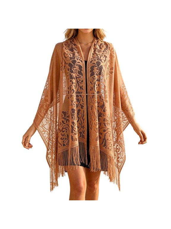 Floral Lace Shawl Wraps for Women Hollow Fringe Embellished Open Front Elegant Casual Cover Up Scarf for Evening Dresses Formal Party Ginger