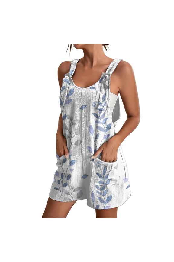 Floral Print Rompers for Women Sleeveless Casual Loose Fit Rompers Scoop Neck Adjustable Straps Summer Vacation One Piece Outfits with Pockets Light Blue XL