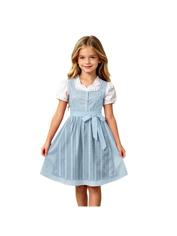 Girls Dirndl Dresses Puff Sleeve German Bavarian Traditional Apron Dress Kids Oktoberfest Costume Holiday Outfits for Festival Party Sky Blue 140