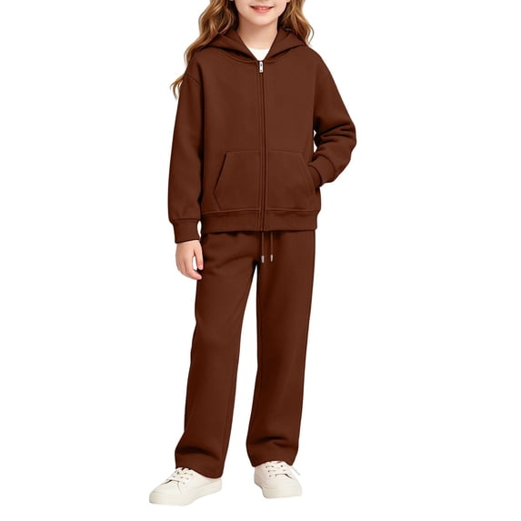 JULMCOMO Girls Sweatsuits Fleece Full Zip Up Long Sleeve Comfy Hoodie Casual Tracksuits Drawstring Loose Sweatpants Soft Two Piece Sets with Front Pocket Brown 5-6 Years