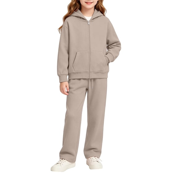 JULMCOMO Girls Sweatsuits Fleece Full Zip Up Long Sleeve Comfy Hoodie Casual Tracksuits Drawstring Loose Sweatpants Soft Two Piece Sets with Front Pocket Camel 13-14 Years