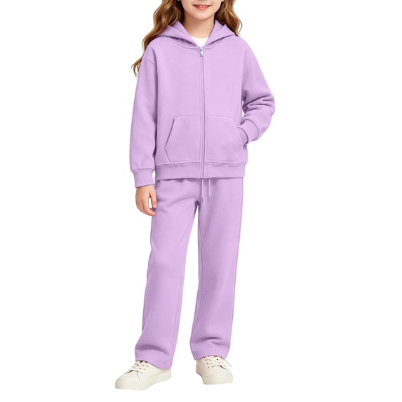 JULMCOMO Girls Sweatsuits Fleece Full Zip Up Long Sleeve Comfy Hoodie Casual Tracksuits Drawstring Loose Sweatpants Soft Two Piece Sets with Front Pocket Purple 13-14 Years