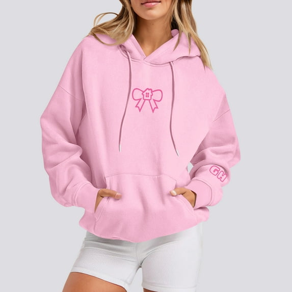 JULMCOMO Glow House Hoodie Preppy Oversized Long Sleeve Sweatshirt Womens Cute Drop Graphic Hooded Loose Drawstring Pullover Shirt with Pocket Pink XXL